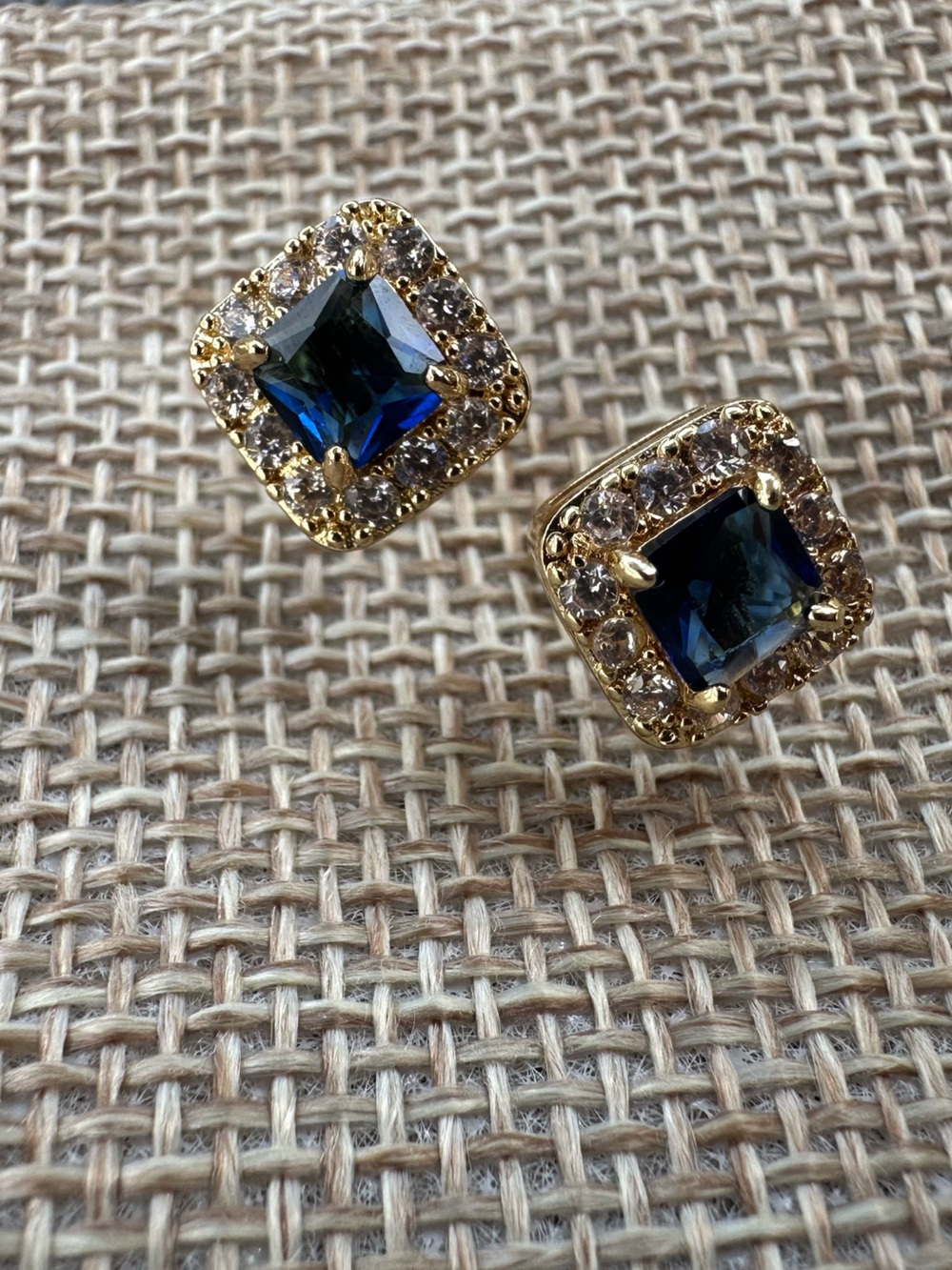 Sterling silver Gold plated Created Blue Sapphire Square 2ct Stud Earrings